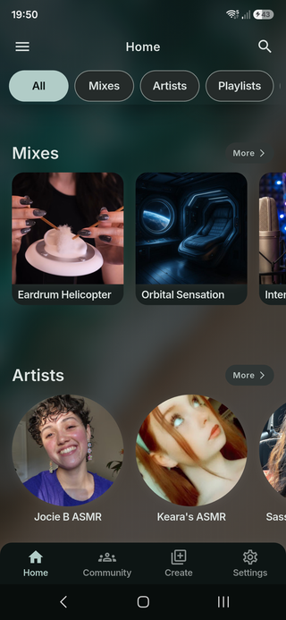 The Tingles ASMR home screen, with Downloads, Favorites and Recent, then mixes and artists