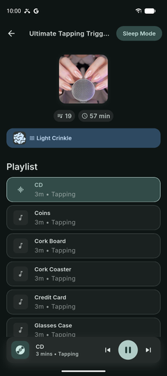 A premade playlist playing, with its items listed and Sleep Mode at the top