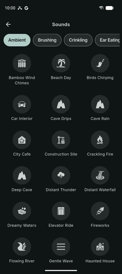 The sound library, with ASMR sounds grouped into categories
