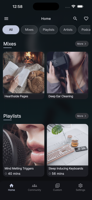 Tingles ASMR home screen showing mixes and playlists