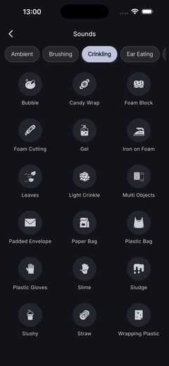 The trigger library, showing fifteen categories of loopable ASMR sounds