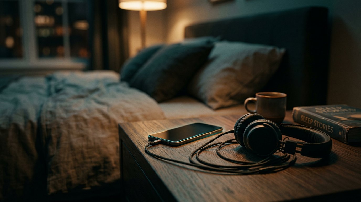 A phone face-down on a nightstand at night with a thin halo of screen glow, wired over-ear headphones beside it — the intended setup for screen-off ASMR sleep listening.
