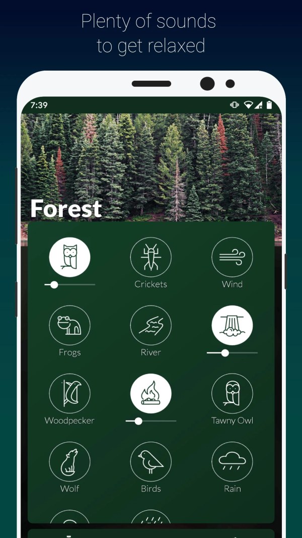 Atmosphere app showing a mix with multiple ambient sound layers and per-sound volume controls.