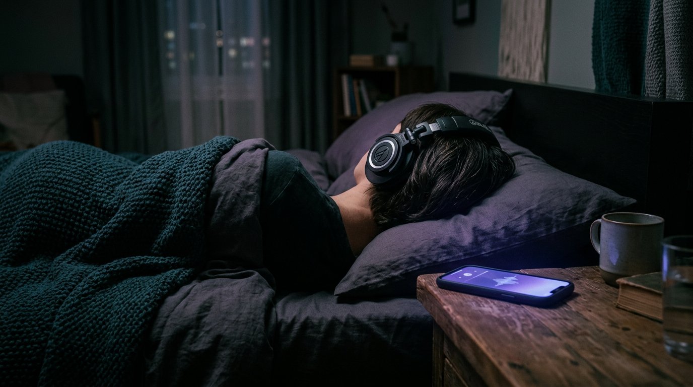 A person in bed at night wearing over-ear headphones, phone glowing on the nightstand — the typical setup for the ten-to-fifteen-minute ASMR sleep session the research describes.