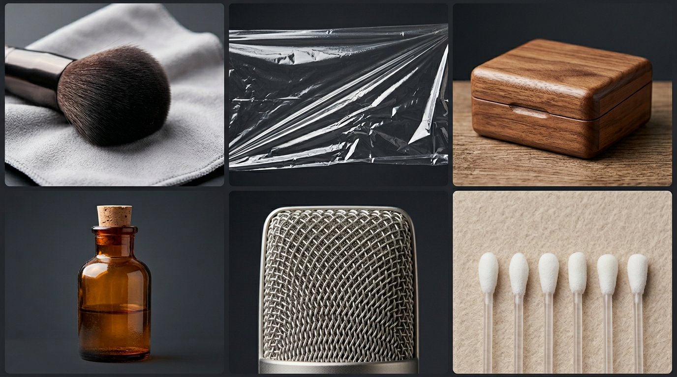 Composite of macro photographs showing common ASMR trigger sources: wood grain, raindrops, brush bristles, foil, microphone close-up, leather.