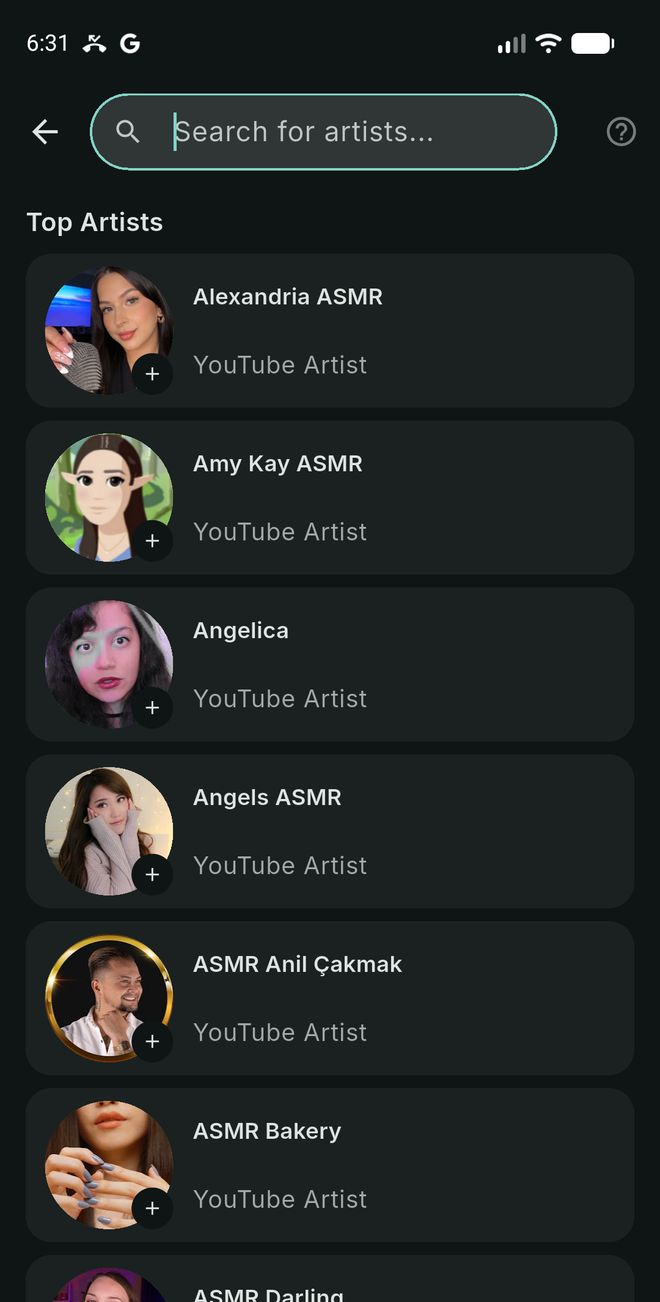 The Add Artist screen with a search box and a list of top ASMR artists.