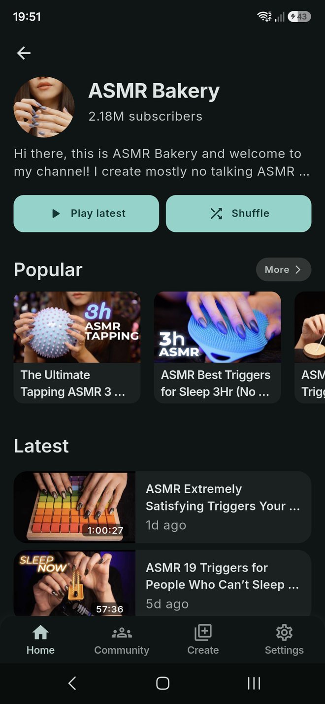 ASMR Bakery's artist page in Tingles ASMR, with Play latest, Shuffle, Popular and Latest videos.