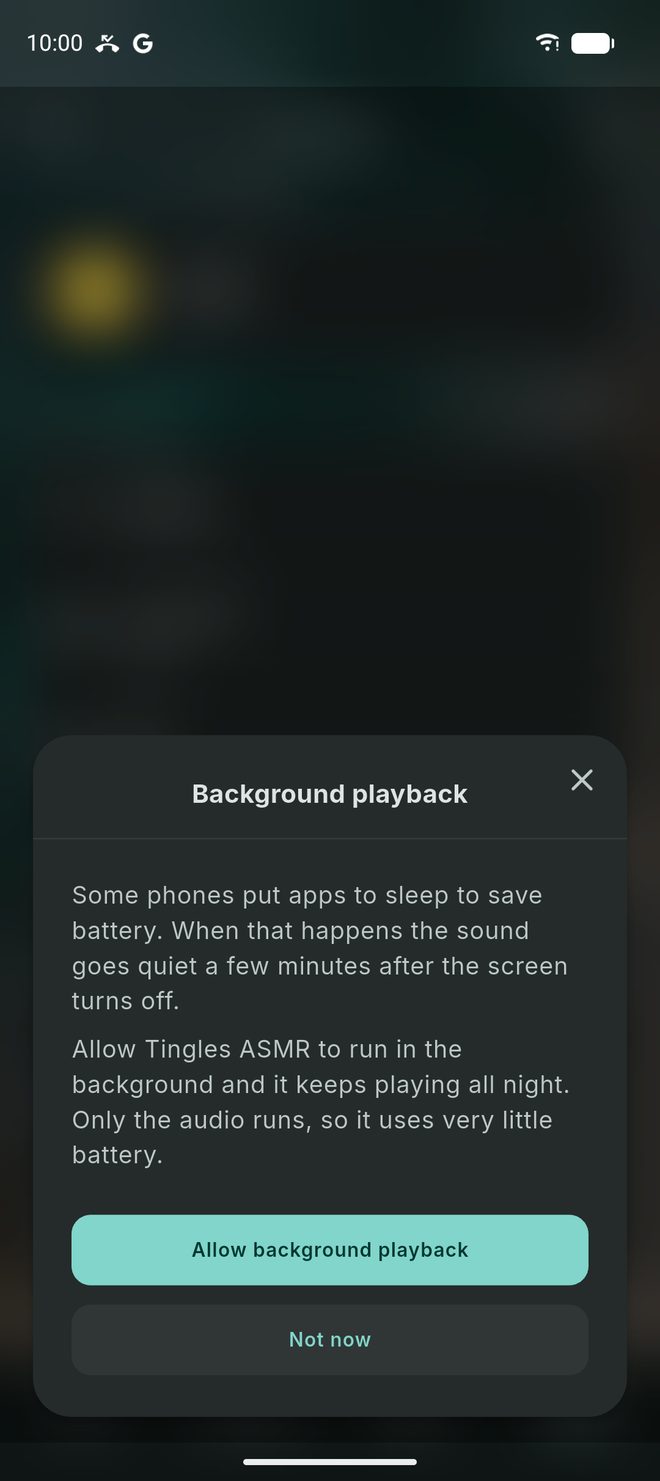 The Background playback sheet explaining that some phones put apps to sleep, with an Allow background playback button.