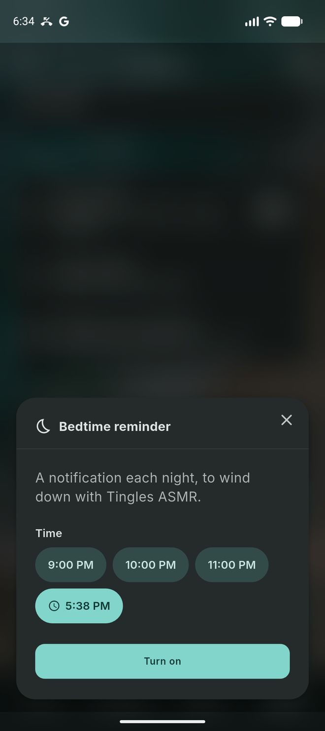 The Bedtime reminder sheet with time choices of 9, 10 and 11 PM or a custom time, and a Turn on button.