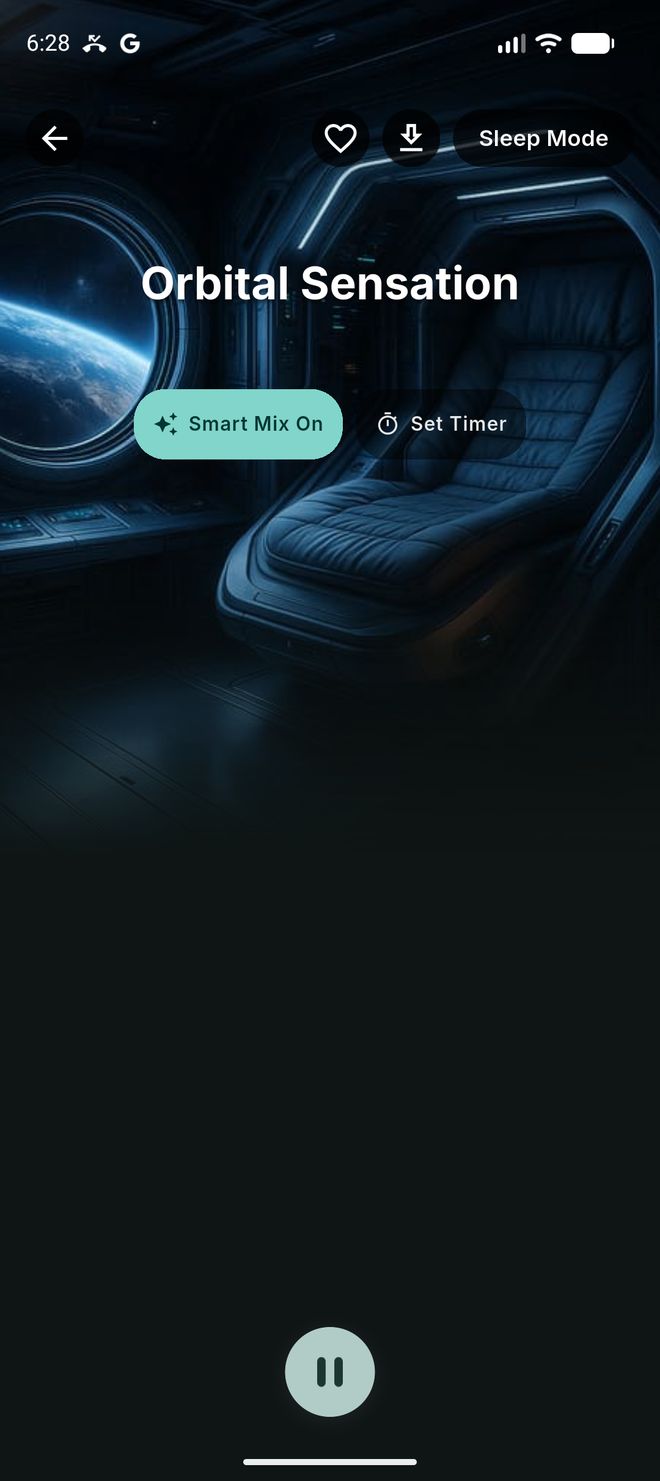 A mix playing, with Smart Mix On, Set Timer, download and Sleep Mode buttons.