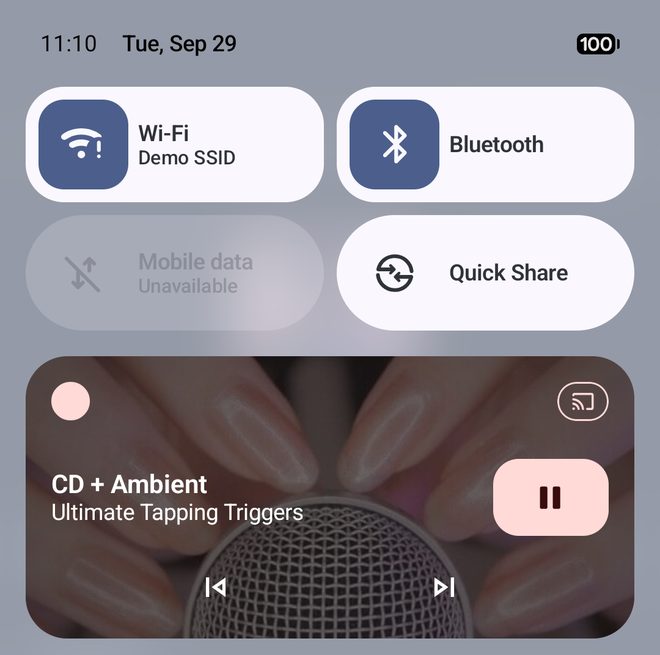 Android quick settings with the Tingles ASMR media card, playing a playlist with previous, pause and next buttons.