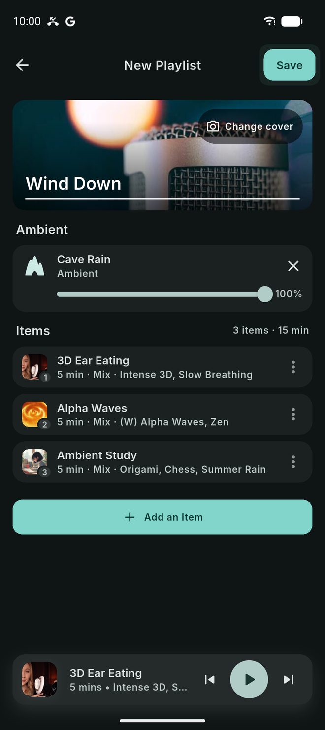 The New Playlist editor with a cover, the name Wind Down, Cave Rain as the ambient sound and three mixes as items.