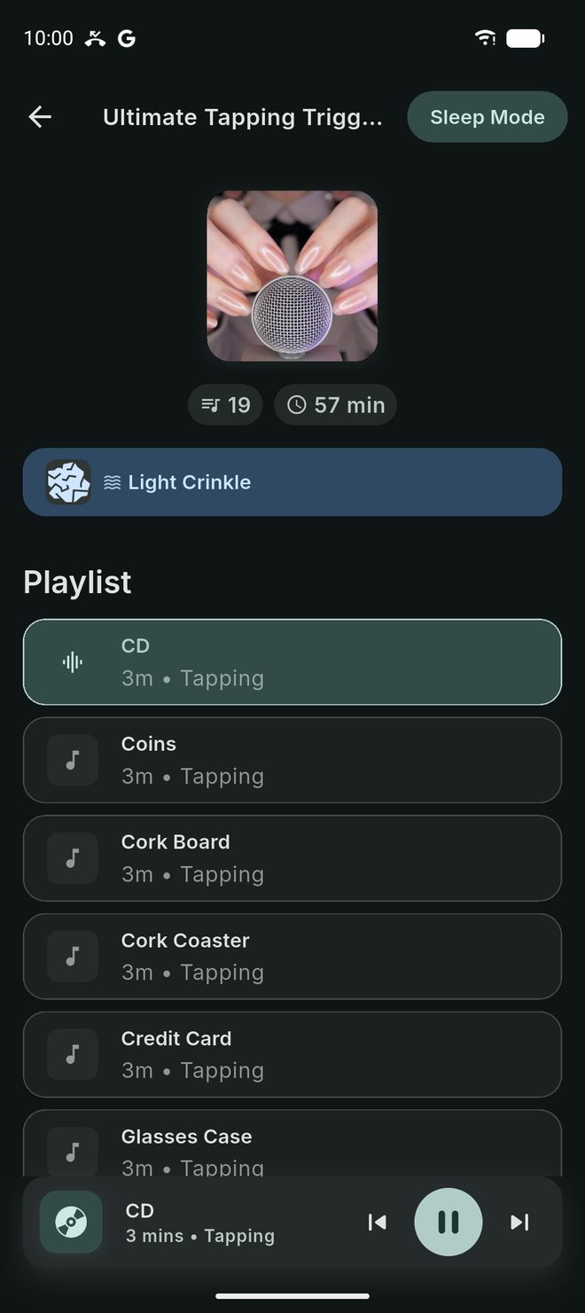 The premade playlist Ultimate Tapping Triggers playing, with 19 items, 57 minutes in all and a Sleep Mode button at the top.