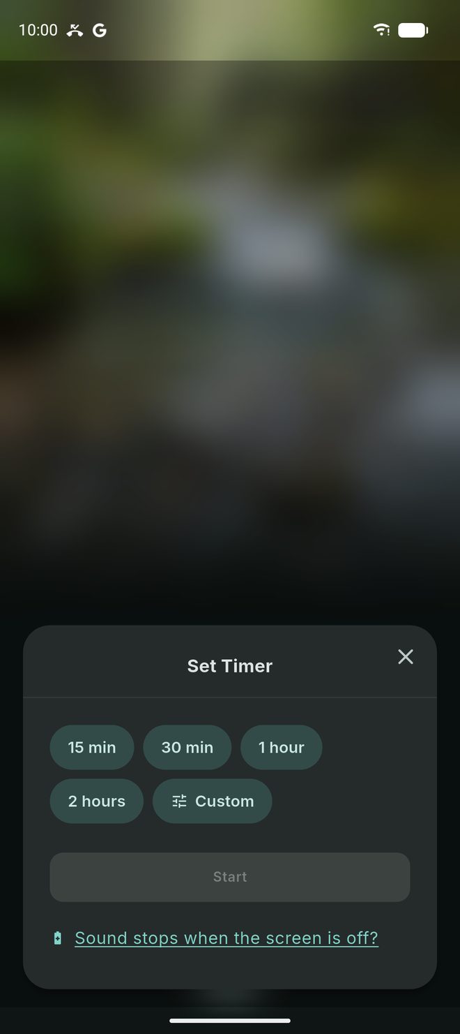 The Set Timer sheet with choices of 15 and 30 minutes, 1 and 2 hours, and Custom, and a Start button.
