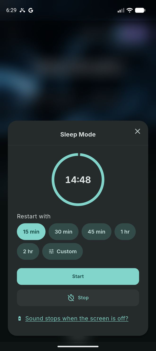 The running Sleep Mode sheet with 14:48 left in a ring, Restart with time choices, Start and Stop.