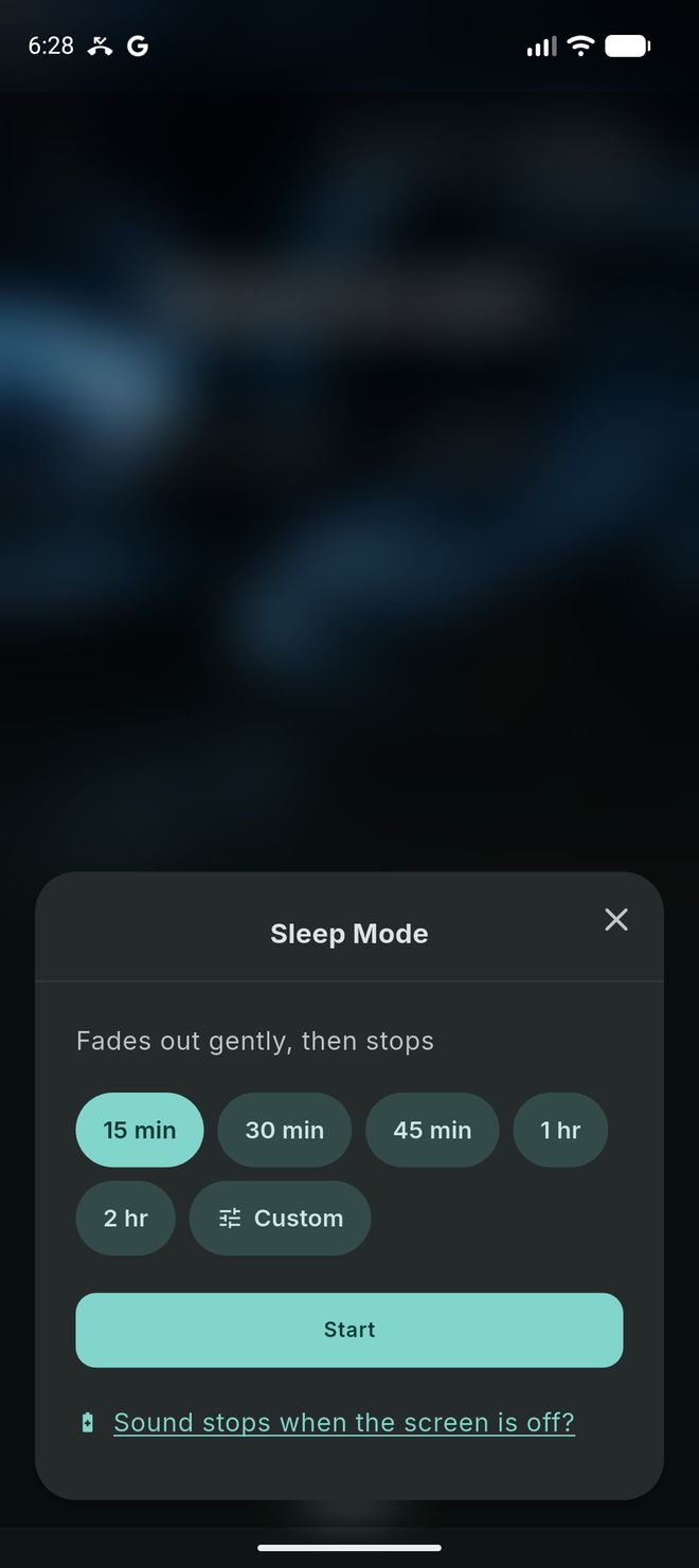 The Sleep Mode sheet on a mix, with time choices of 15, 30 and 45 minutes, 1 and 2 hours, and Custom, and a Start button.