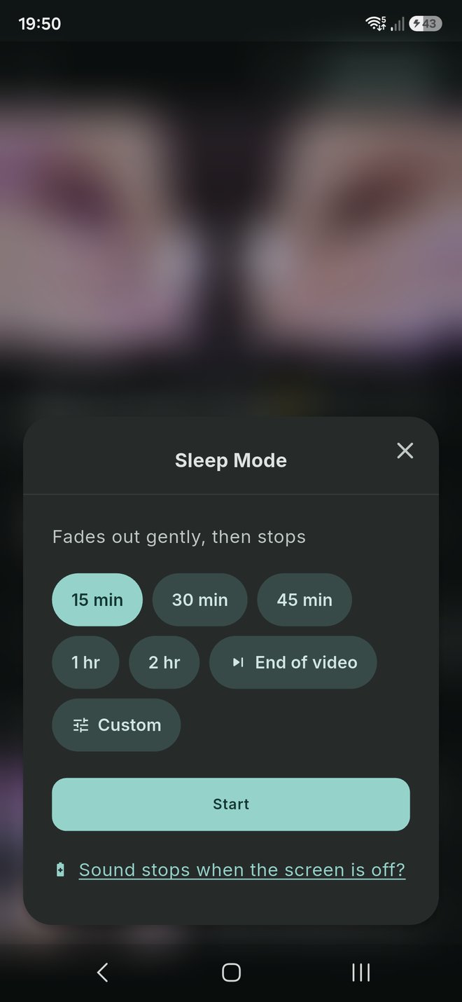 The Sleep Mode sheet on a video, with time choices of 15, 30 and 45 minutes, 1 and 2 hours, End of video and Custom, and a Start button.