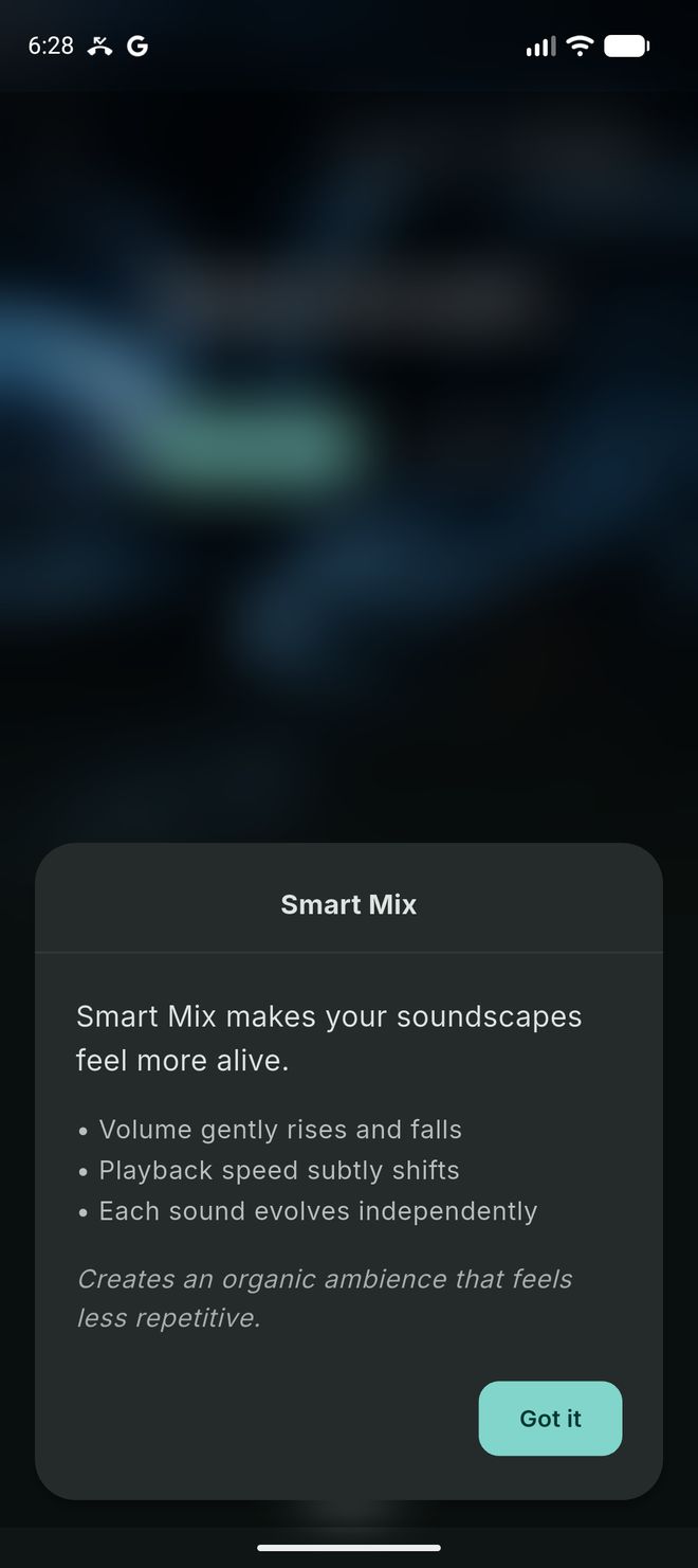 The Smart Mix explainer: volume gently rises and falls, playback speed subtly shifts, each sound evolves independently.