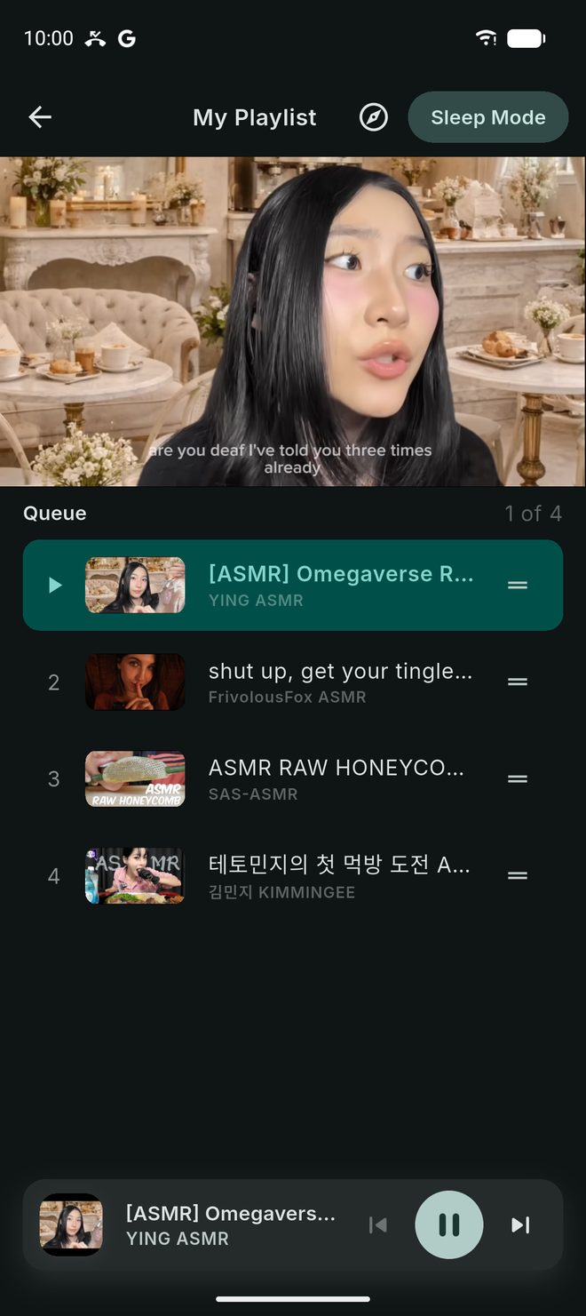 The Watch Later queue, titled My Playlist, with four ASMR videos in order and a Sleep Mode button.