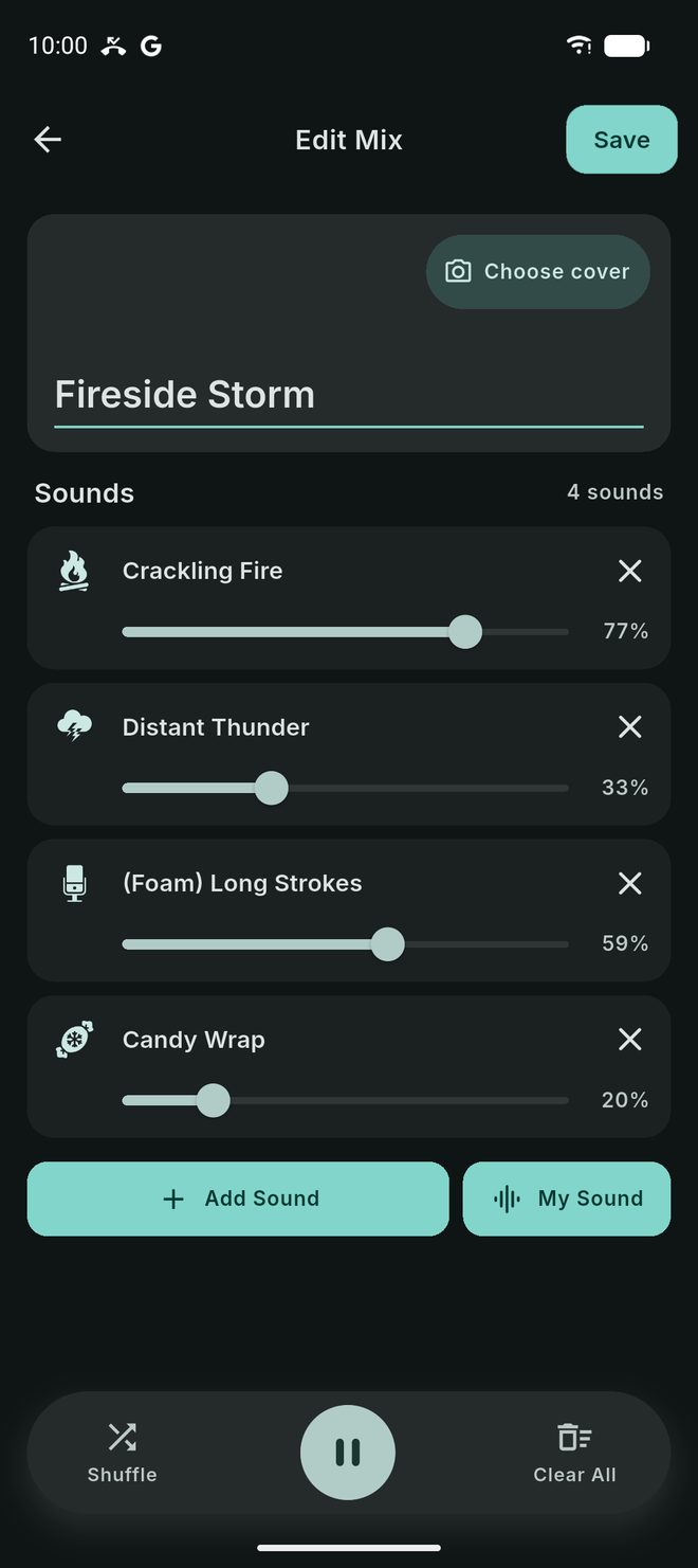 The Tingles ASMR mix editor with four sounds, each with its own volume slider, and Add Sound, Shuffle and Clear All.