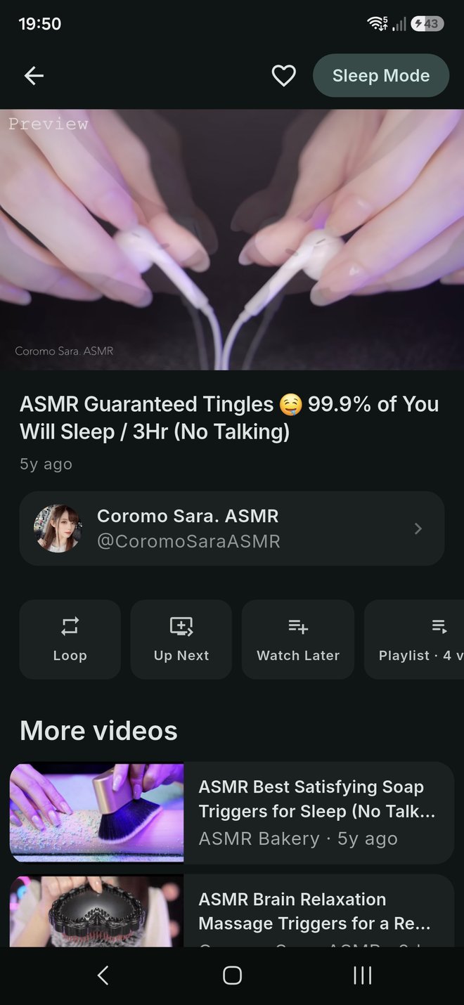 An ASMR video playing in Tingles ASMR, with the artist's name and more videos below.